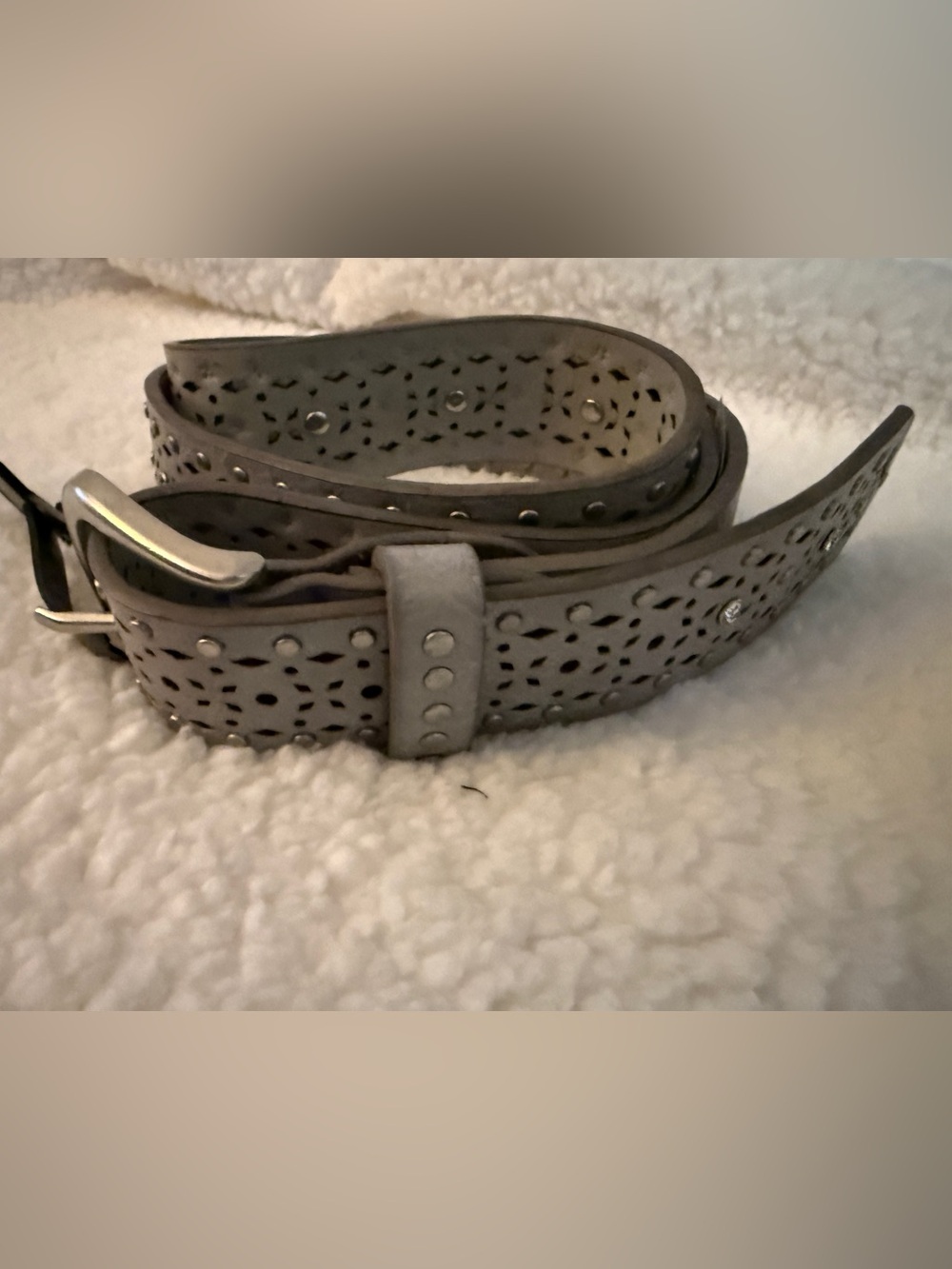 Gray Laser-Cut Studded Leather Belt - bke buckle - Picture 2 of 6